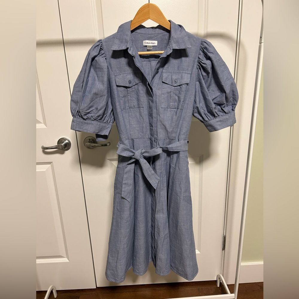 Calvin Klein Blue Puff Sleeve Button-Up with Tie Dress